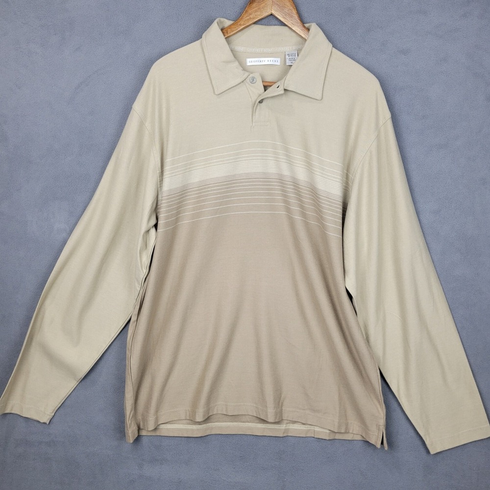 Geoffrey Beene Rugby Shirt Men's XL Brown Striped Cotton Collared Long Sleeve